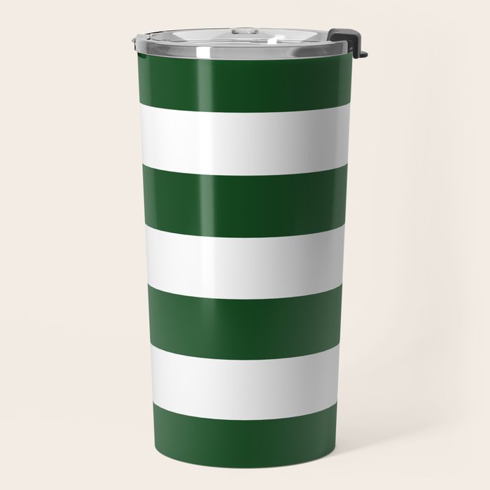 Jumbo Forest Green and White Rustic Horizontal Cabana Stripes Travel Mug Gallery Image 2
