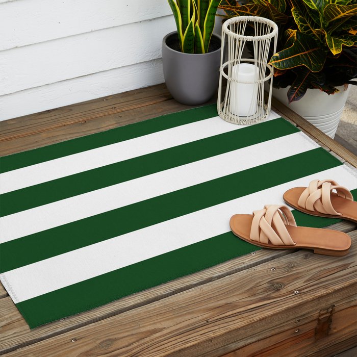 Jumbo Forest Green and White Rustic Horizontal Cabana Stripes Outdoor Rug Gallery Image 2