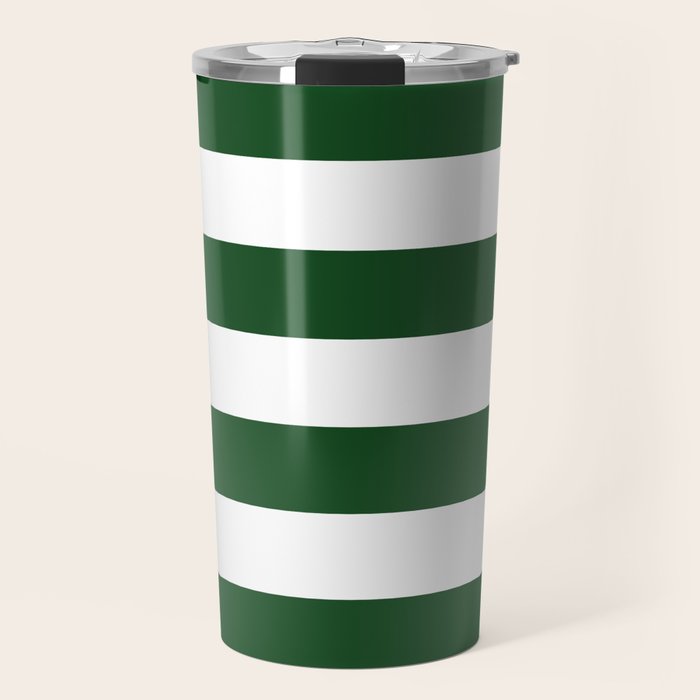 Jumbo Forest Green and White Rustic Horizontal Cabana Stripes Travel Mug Gallery Image 1
