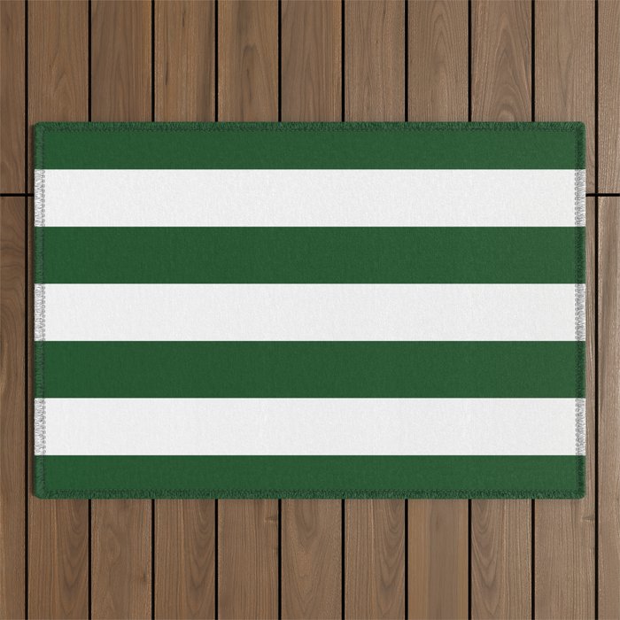 Jumbo Forest Green and White Rustic Horizontal Cabana Stripes Outdoor Rug Gallery Image 1
