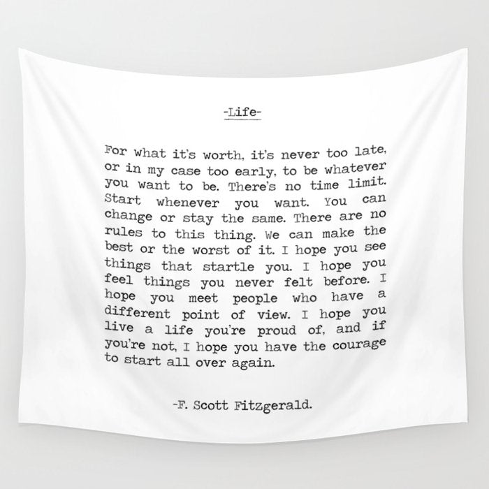 For What It's Worth, It's Never Too Late, F. Scott Fitzgerald quote, Inspiring, Great Gatsby, Life Wall Tapestry Gallery Image 4