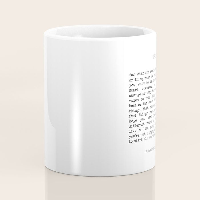 For What It's Worth, It's Never Too Late, F. Scott Fitzgerald quote, Inspiring, Great Gatsby, Life Coffee Mug Gallery Image 4