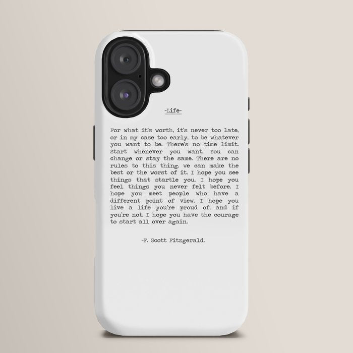 For What It's Worth, It's Never Too Late, F. Scott Fitzgerald quote, Inspiring, Great Gatsby, Life iPhone Case Gallery Image 13