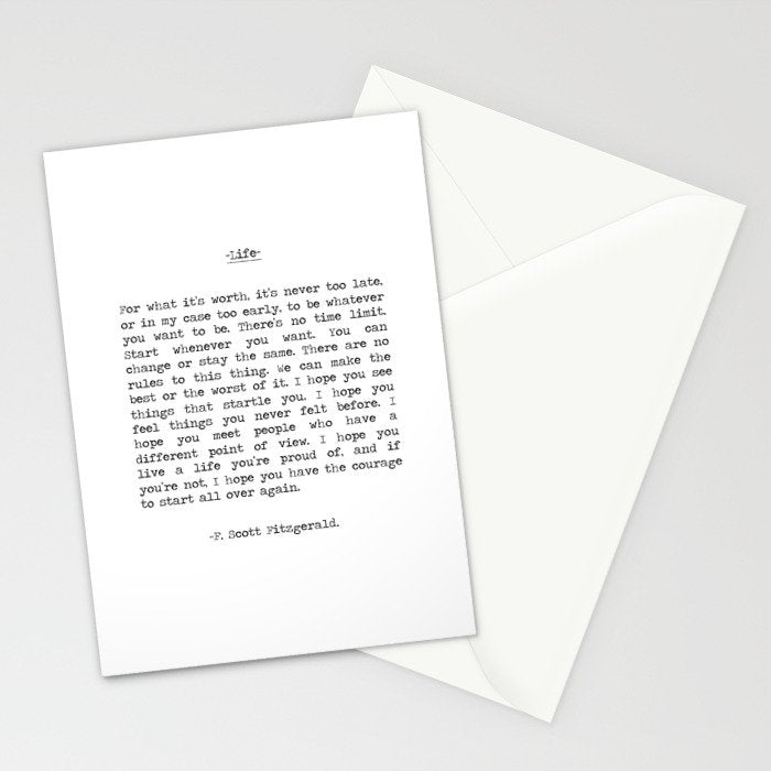 For What It's Worth, It's Never Too Late, F. Scott Fitzgerald quote, Inspiring, Great Gatsby, Life Stationery Card Gallery Image 2