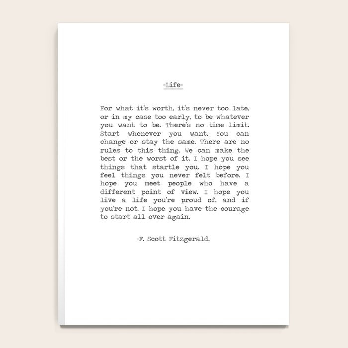 For What It's Worth, It's Never Too Late, F. Scott Fitzgerald quote, Inspiring, Great Gatsby, Life Notebook Gallery Image 4