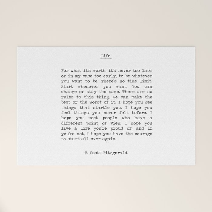 For What It's Worth, It's Never Too Late, F. Scott Fitzgerald quote, Inspiring, Great Gatsby, Life Welcome Mat Gallery Image 1