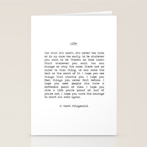 For What It's Worth, It's Never Too Late, F. Scott Fitzgerald quote, Inspiring, Great Gatsby, Life Stationery Card Gallery Image 2