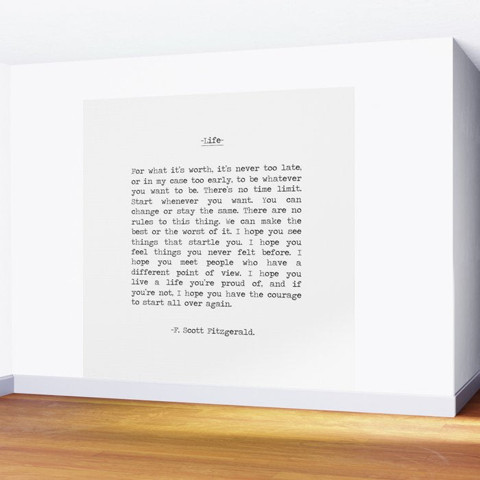 For What It's Worth, It's Never Too Late, F. Scott Fitzgerald quote, Inspiring, Great Gatsby, Life Wall Mural Gallery Image 2