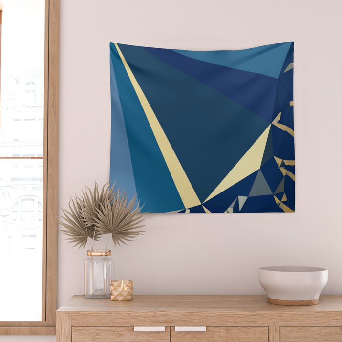 Blue Gold Abstract Low Poly Geometric Nature Art  Wall Tapestry Gallery Image 2