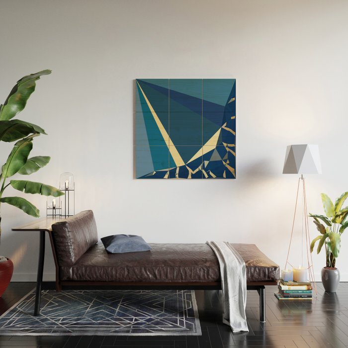 Blue Gold Abstract Low Poly Geometric Nature Art  Wood Wall Art Gallery Image 2