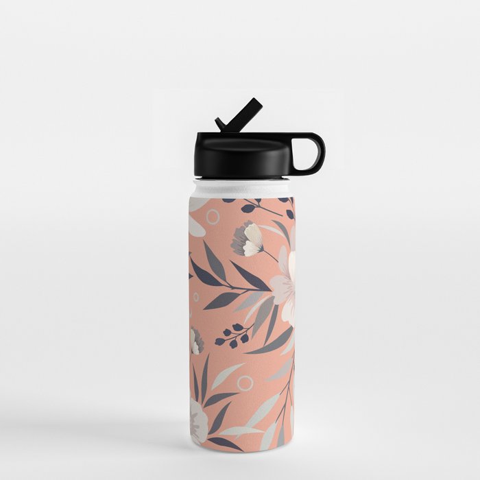 Modern, Boho, Floral Prints, Peach, Coral Gray, White Water Bottle Gallery Image 1