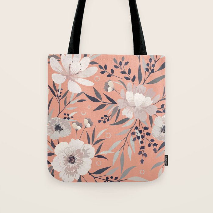 Modern, Boho, Floral Prints, Peach, Coral Gray, White Tote Bag Gallery Image 1
