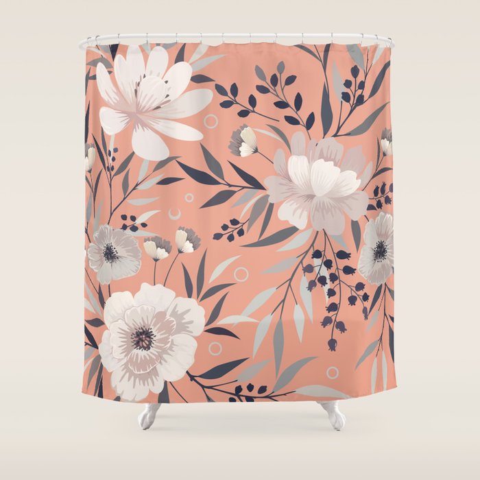 Modern, Boho, Floral Prints, Peach, Coral Gray, White Shower Curtain Gallery Image 1