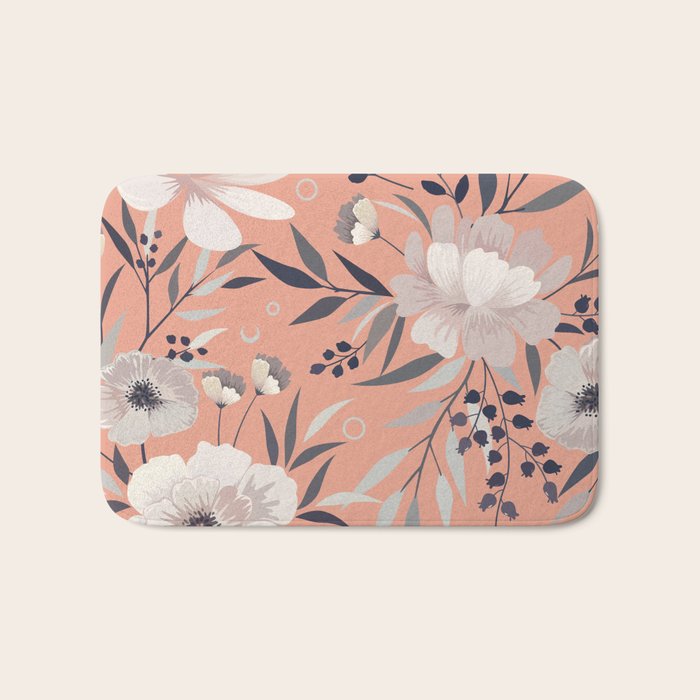 Modern, Boho, Floral Prints, Peach, Coral Gray, White Bath Mat Gallery Image 1
