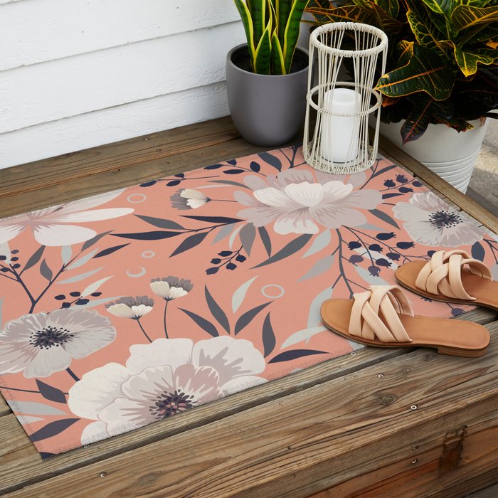 Modern, Boho, Floral Prints, Peach, Coral Gray, White Outdoor Rug Gallery Image 2