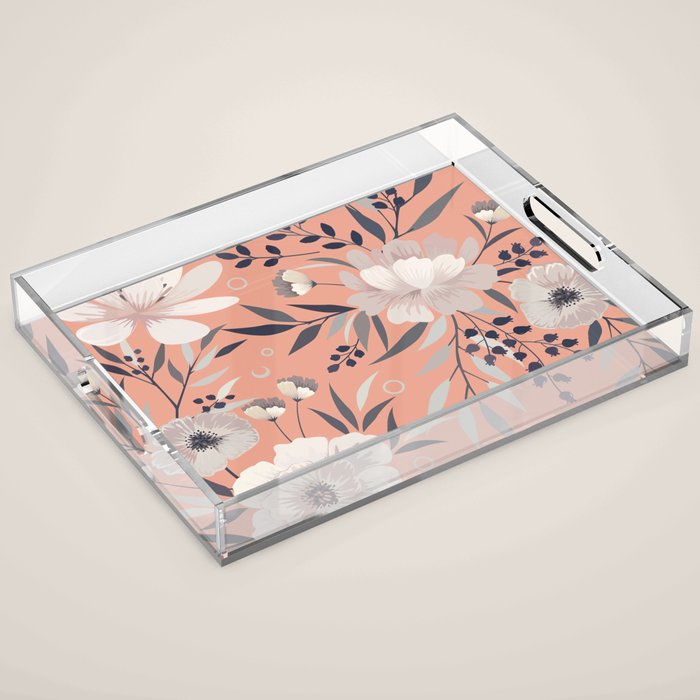 Modern, Boho, Floral Prints, Peach, Coral Gray, White Acrylic Tray Gallery Image 1