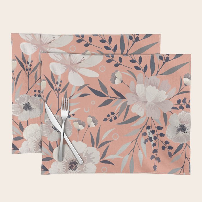 Modern, Boho, Floral Prints, Peach, Coral Gray, White Placemat Gallery Image 1
