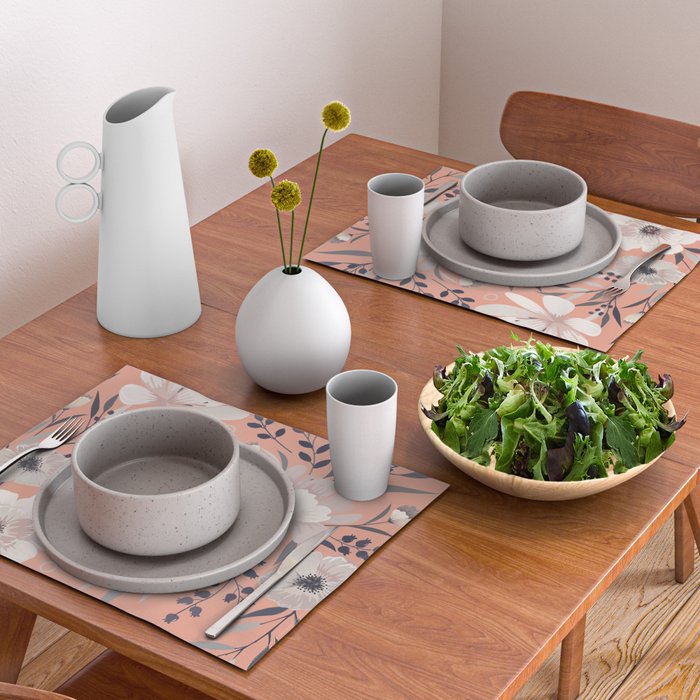 Modern, Boho, Floral Prints, Peach, Coral Gray, White Placemat Gallery Image 2