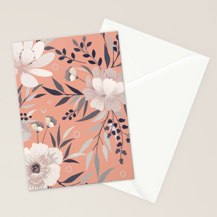 Modern, Boho, Floral Prints, Peach, Coral Gray, White Stationery Card Gallery Image 2