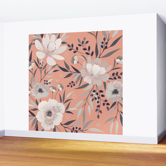 Modern, Boho, Floral Prints, Peach, Coral Gray, White Wall Mural Gallery Image 2