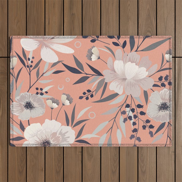 Modern, Boho, Floral Prints, Peach, Coral Gray, White Outdoor Rug Gallery Image 1