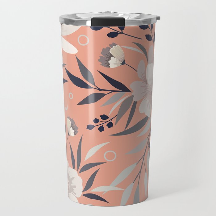 Modern, Boho, Floral Prints, Peach, Coral Gray, White Travel Mug Gallery Image 1