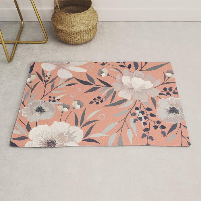 Modern, Boho, Floral Prints, Peach, Coral Gray, White Rug Gallery Image 1