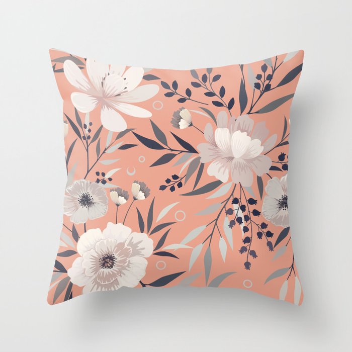 Modern, Boho, Floral Prints, Peach, Coral Gray, White Throw Pillow Gallery Image 1