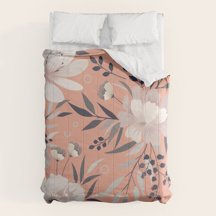 Modern, Boho, Floral Prints, Peach, Coral Gray, White Comforter Gallery Image 6