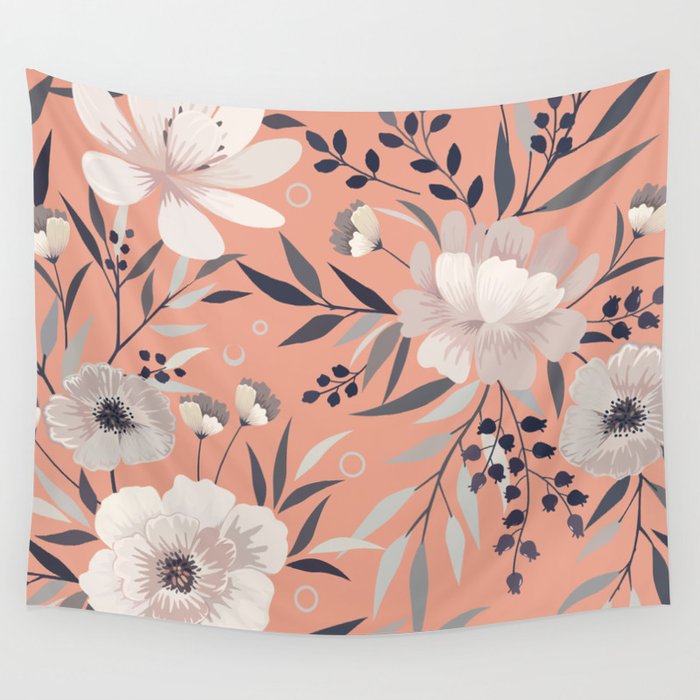 Modern, Boho, Floral Prints, Peach, Coral Gray, White Wall Tapestry Gallery Image 4