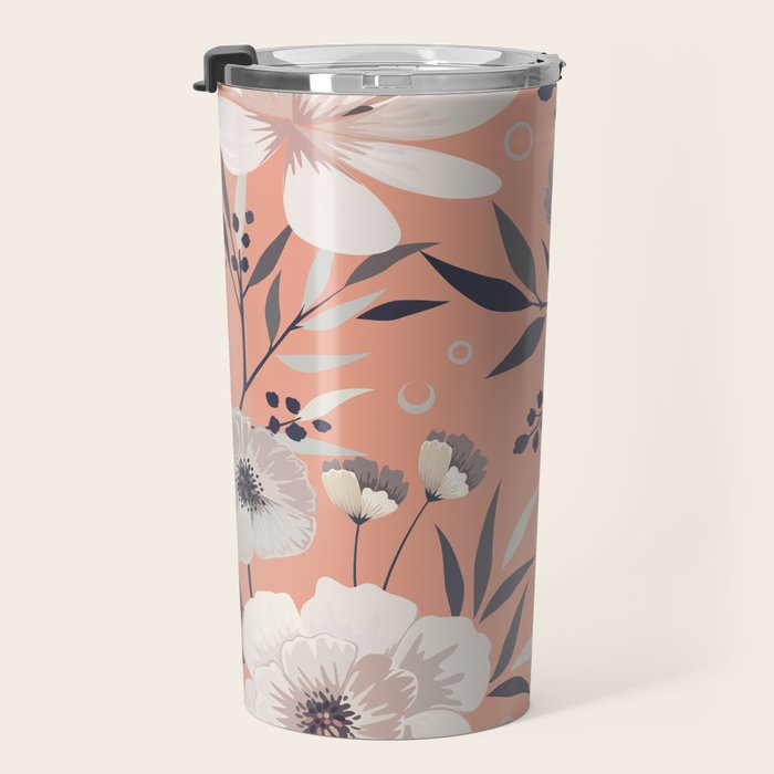 Modern, Boho, Floral Prints, Peach, Coral Gray, White Travel Mug Gallery Image 3