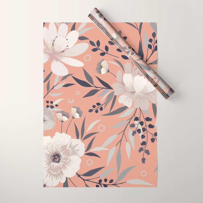 Modern, Boho, Floral Prints, Peach, Coral Gray, White Wrapping Paper Gallery Image 1