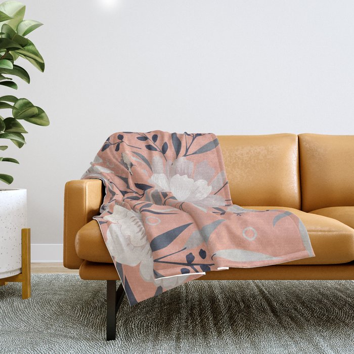 Modern, Boho, Floral Prints, Peach, Coral Gray, White Throw Blanket Gallery Image 1