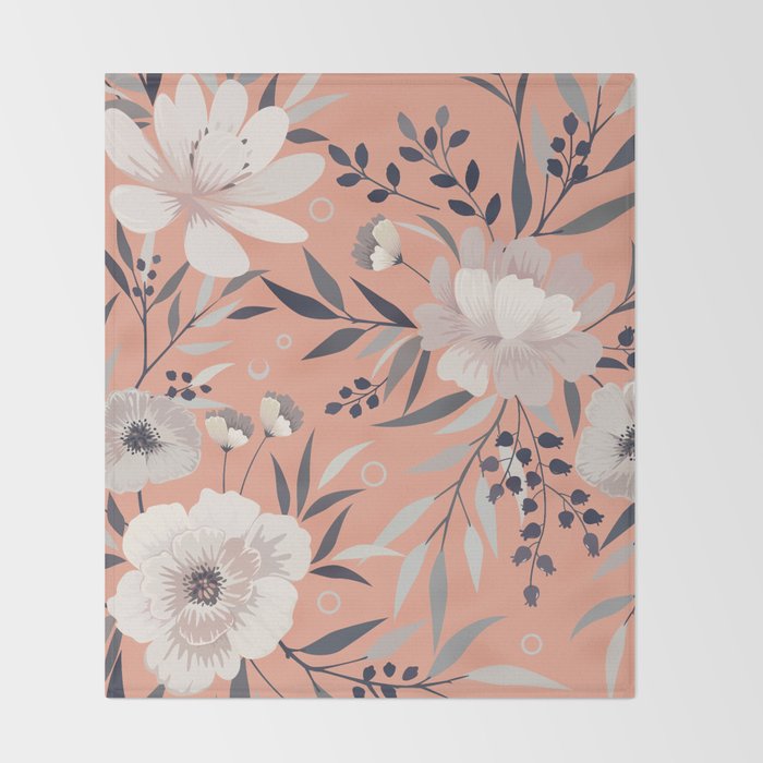 Modern, Boho, Floral Prints, Peach, Coral Gray, White Throw Blanket Gallery Image 2
