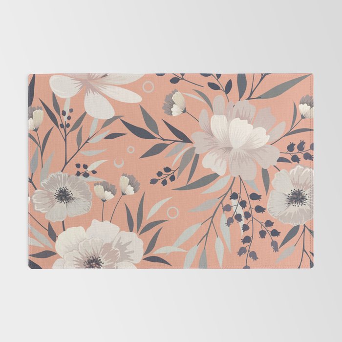 Modern, Boho, Floral Prints, Peach, Coral Gray, White Rug Gallery Image 2