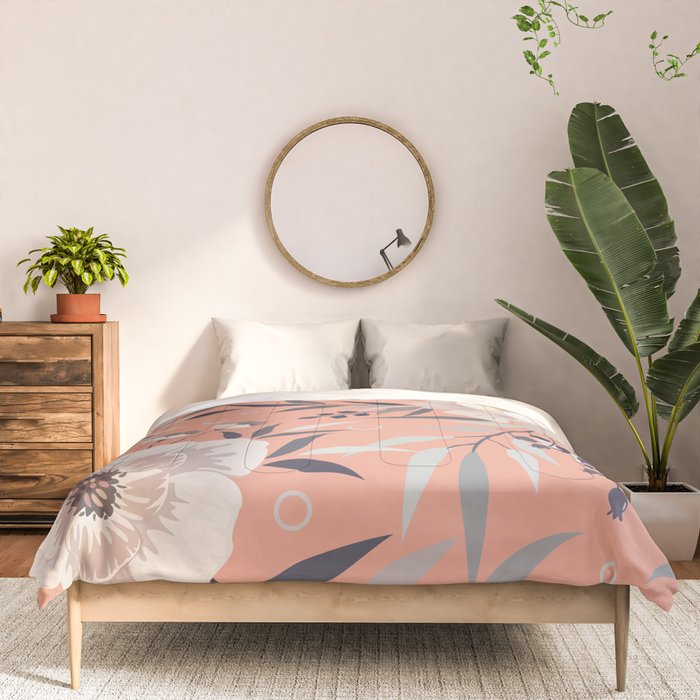Modern, Boho, Floral Prints, Peach, Coral Gray, White Comforter Gallery Image 3