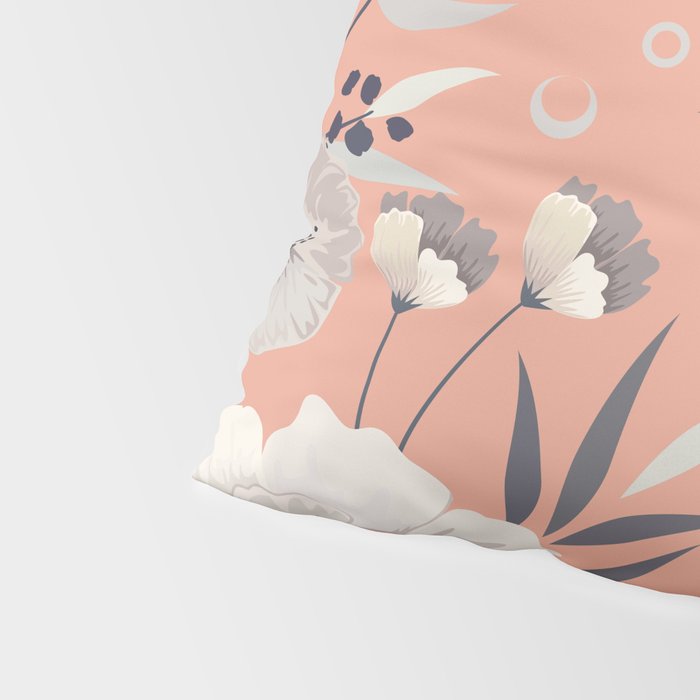 Modern, Boho, Floral Prints, Peach, Coral Gray, White Pillow Sham Gallery Image 4