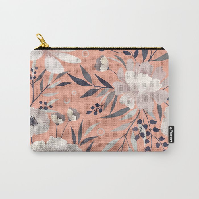 Modern, Boho, Floral Prints, Peach, Coral Gray, White Carry All Pouch Gallery Image 1