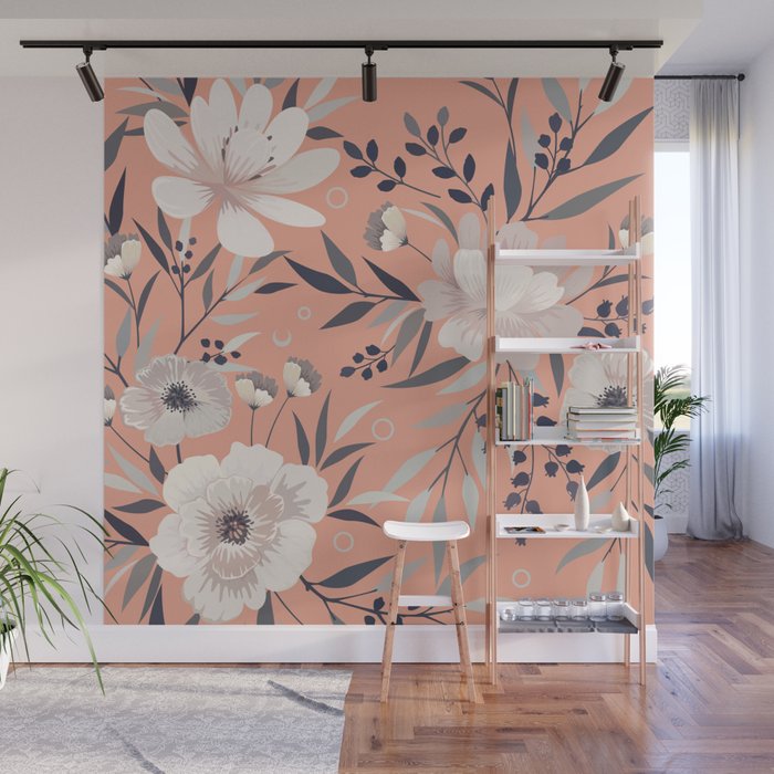 Modern, Boho, Floral Prints, Peach, Coral Gray, White Wall Mural Gallery Image 1