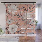 Modern, Boho, Floral Prints, Peach, Coral Gray, White Wall Mural Gallery Image 1