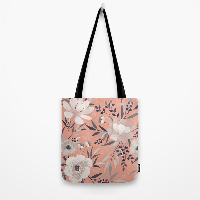 Modern, Boho, Floral Prints, Peach, Coral Gray, White Tote Bag Gallery Image 2
