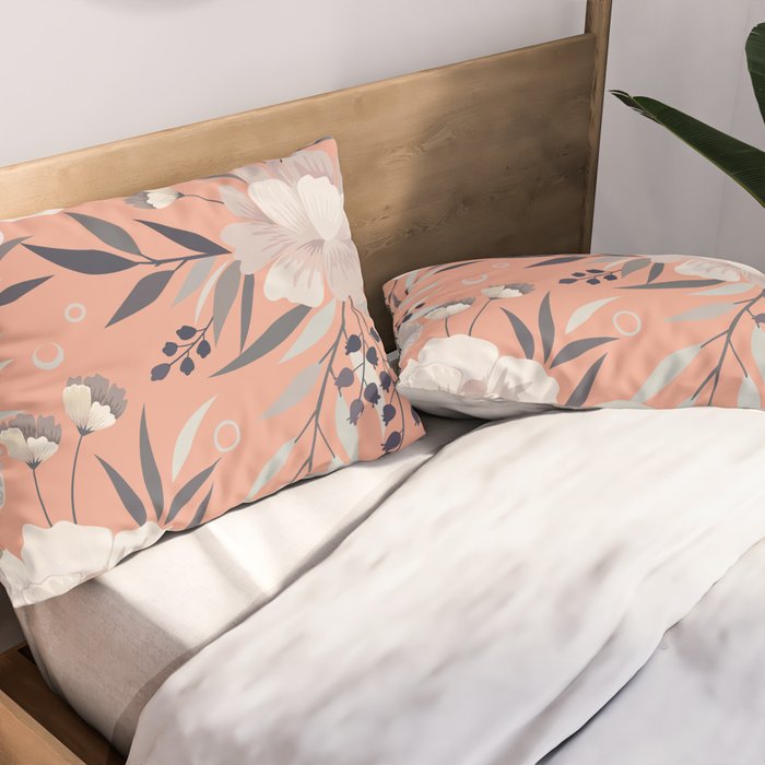 Modern, Boho, Floral Prints, Peach, Coral Gray, White Pillow Sham Gallery Image 2