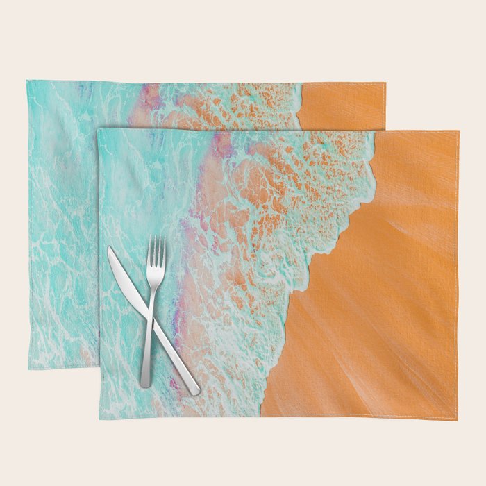 Coral Shore, Ocean Beach Photography, Summer Sea Sand Waves Placemat Gallery Image 1