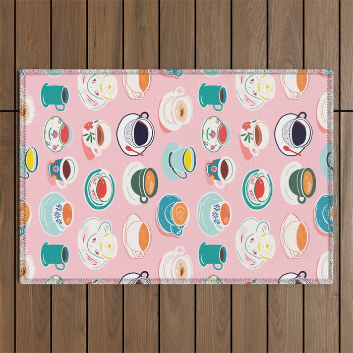 Retro hand drawn coffee tea cup pattern Outdoor Rug Gallery Image 1