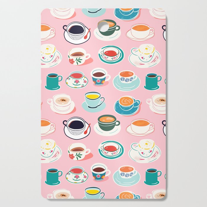 Retro hand drawn coffee tea cup pattern Cutting Board Gallery Image 1
