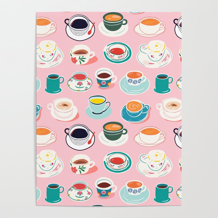 Retro hand drawn coffee tea cup pattern Poster Gallery Image 4