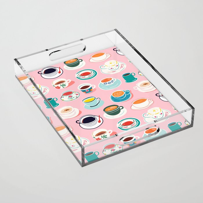 Retro hand drawn coffee tea cup pattern Acrylic Tray Gallery Image 1