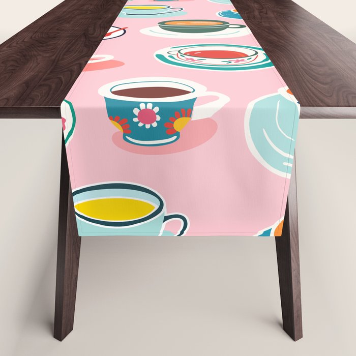 Retro hand drawn coffee tea cup pattern Table Runner Gallery Image 1