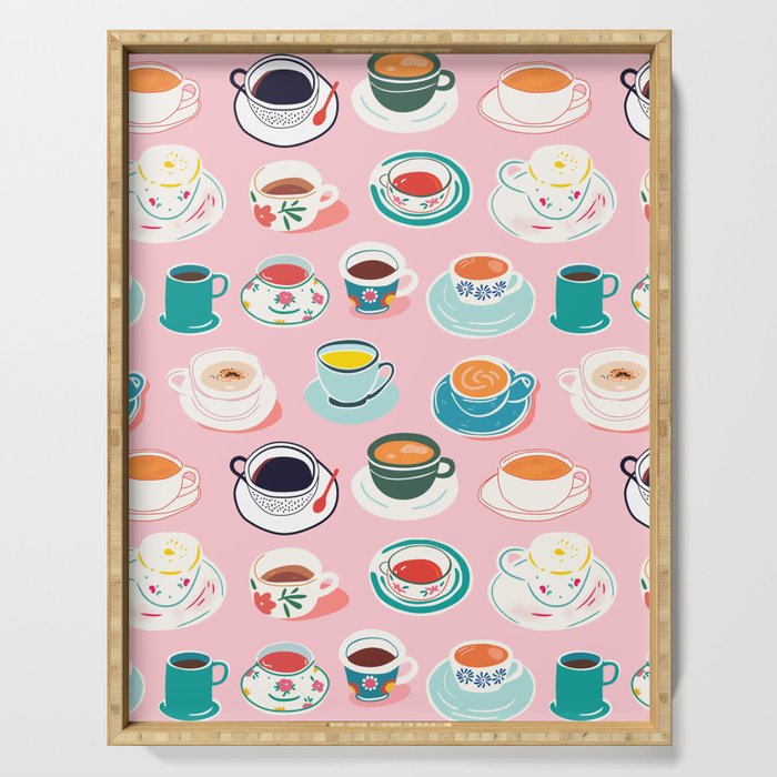 Retro hand drawn coffee tea cup pattern Serving Tray Gallery Image 1