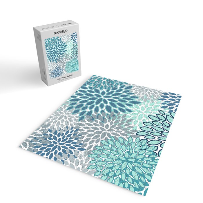 Festive, Floral Prints, Teal, Turquoise and Gray Jigsaw Puzzle Gallery Image 2